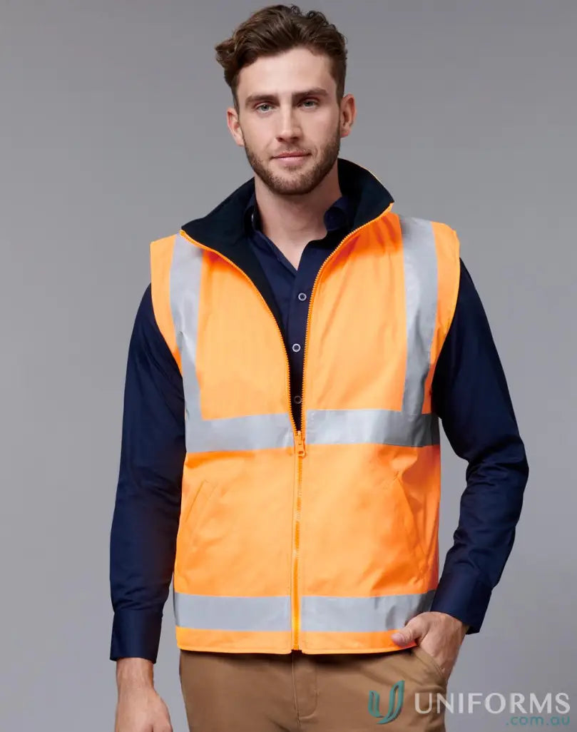 Orange HiVis Hooded Puffer Vest with reflective stripes, perfect for construction workers workwear