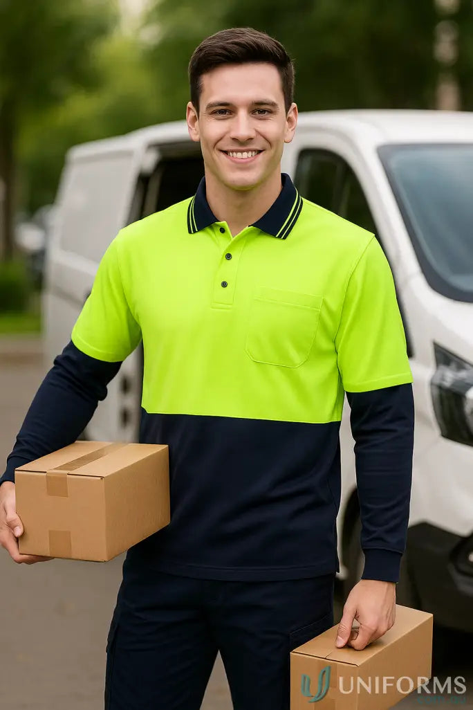 Male delivery driver in HiVis LS Cotton Back Polo workwear holding cardboard boxes