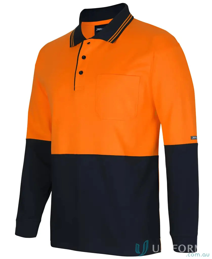 Orange and navy blue HiVis LS Cotton Polo shirt with chest pocket, 180gsm fabric, UPF protection