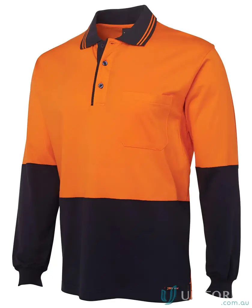 HiVis LS Cotton Polo in orange and navy blue with chest pocket, 180gsm fabric, UPF protection