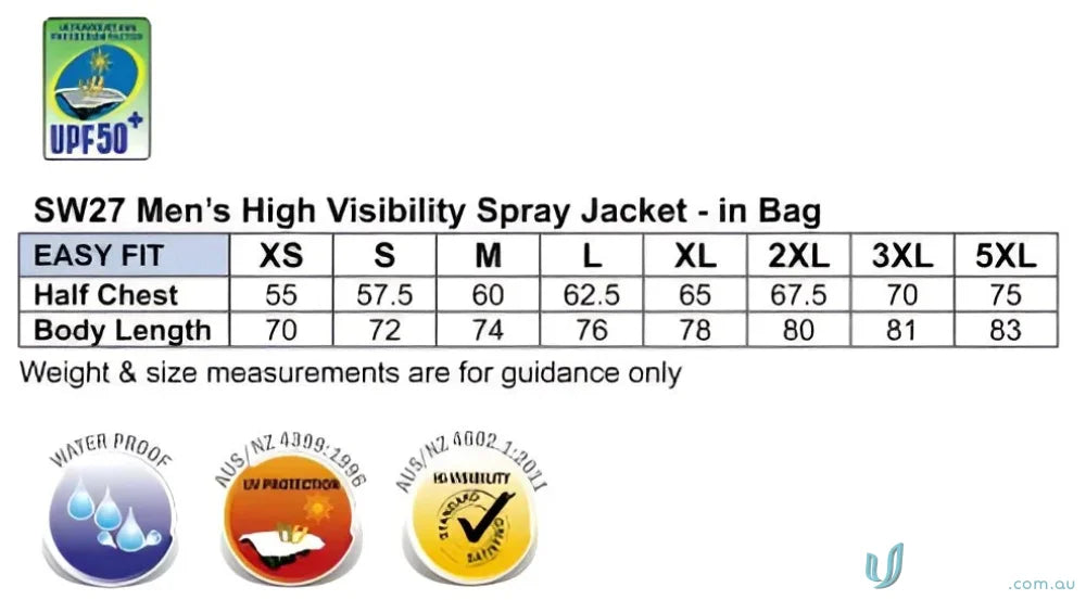 Mens high visibility spray jacket size chart for HiVis Spray Jacket Spirit SW27 stay dry gear