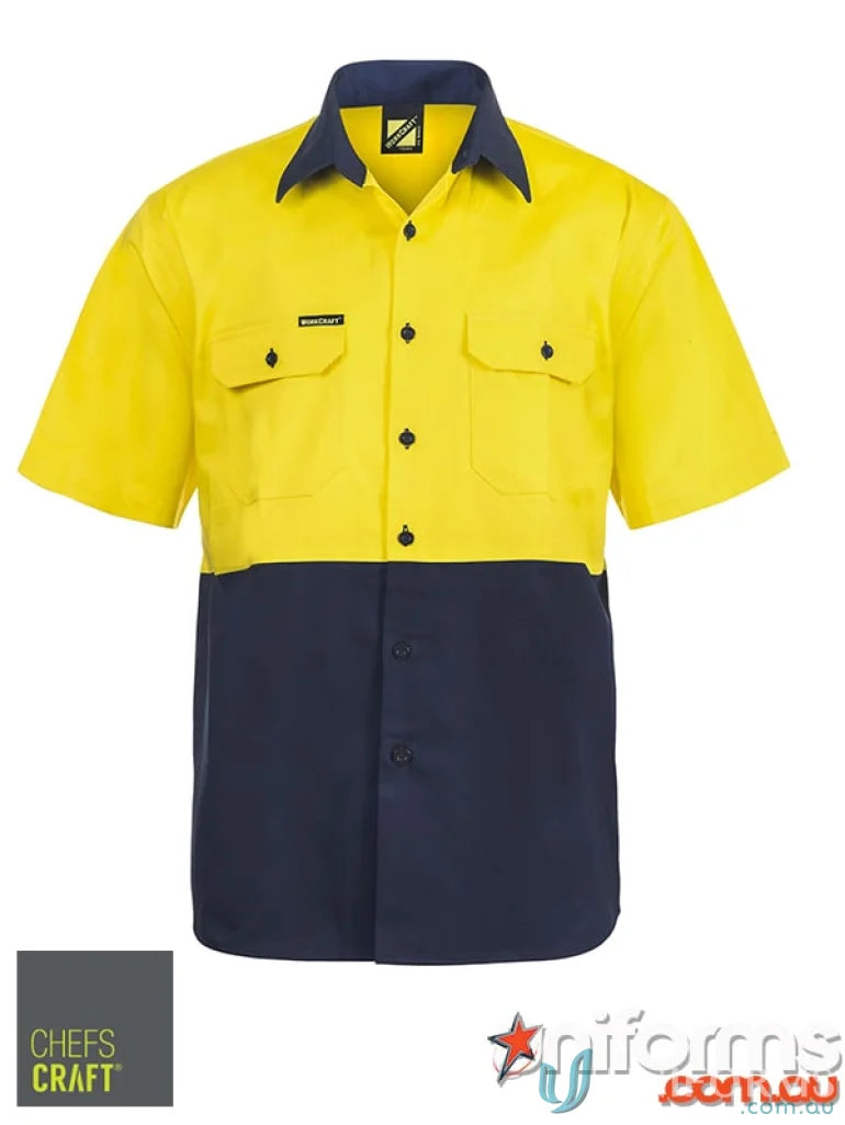 Two-tone work shirt, HiVis SS Shirt, short sleeve cotton drill shirt for work builds