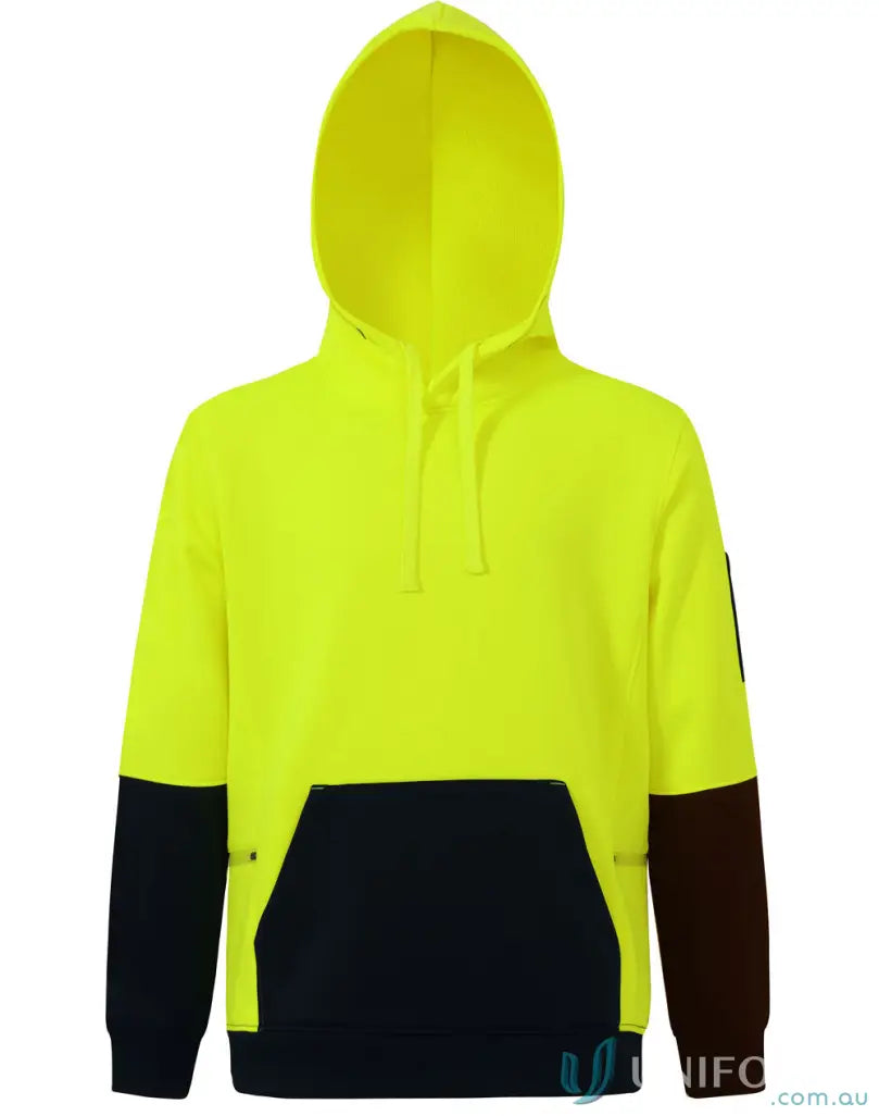 Neon yellow HiVis Water Resistant Fleece Hoodie with black and brown details for outdoor gear