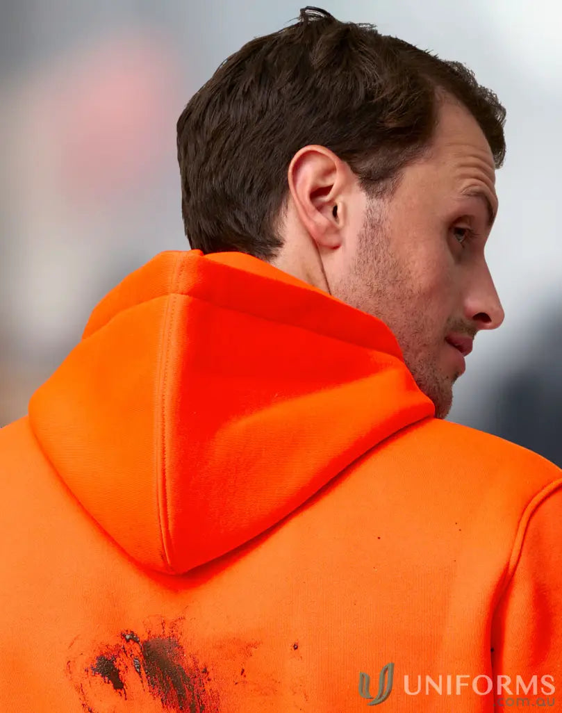 Orange HiVis Water Resistant Fleece Hoodie SW91 with dark smudge on back