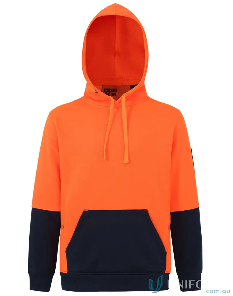 Orange and navy blue fleece hoodie sw91 with water resistant design and front pouch