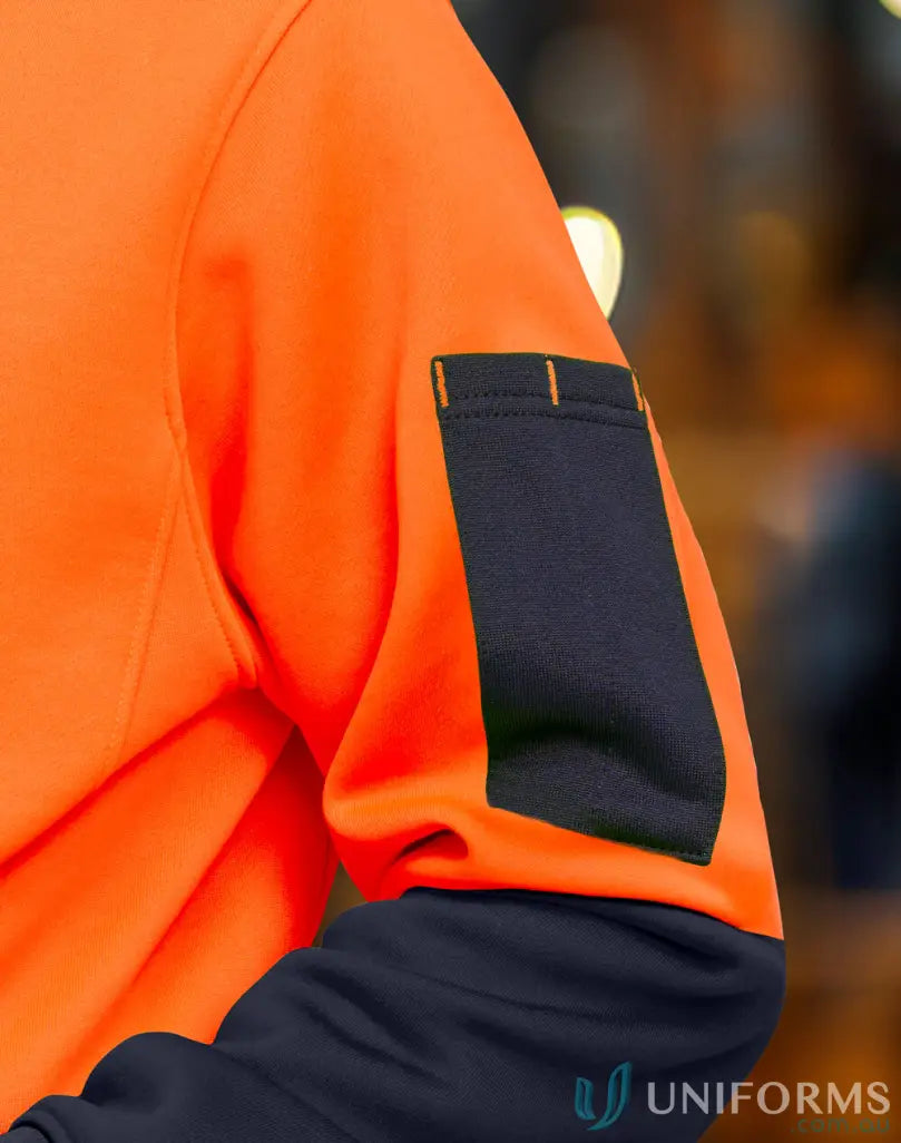 Orange and navy HiVis Water Resistant Fleece Hoodie with a dark utility sleeve pocket