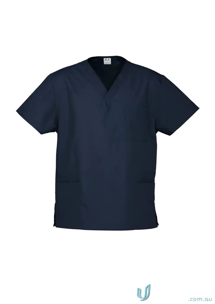 Dark blue V-neck short-sleeved IOP EMB Unisex Scrub Top for work uniforms and workwear