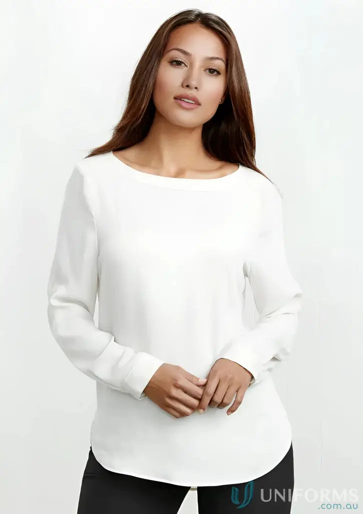 Madison boatneck blouse with finely stitched design and polyester mechanical stretch