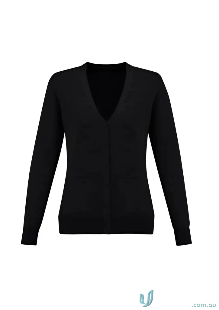 Black V-neck knit cardigan from IWG EMB Ladies LS Cardigan, perfect for Roma Ladies Knit look