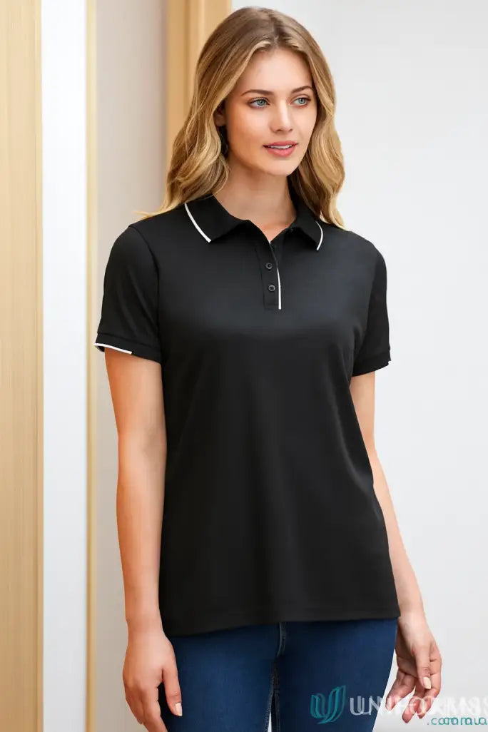IWG Ladies SS Polo in black with white trim, cotton-backed pique, knit rib collar