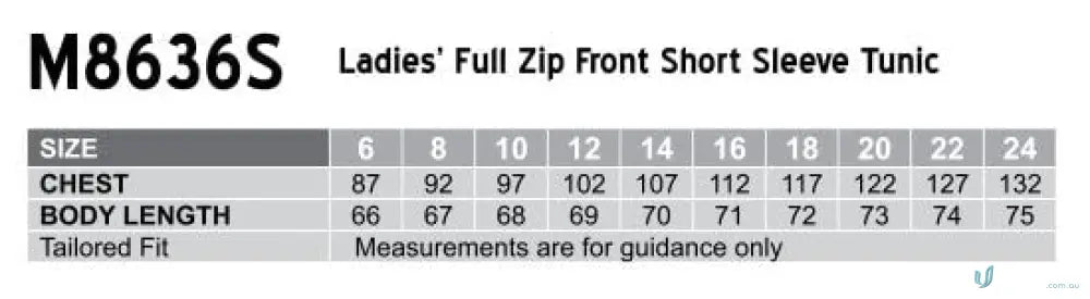 IWG Ladies SS Tunic with size chart, m8636s women’s, mechanical stretch fabric