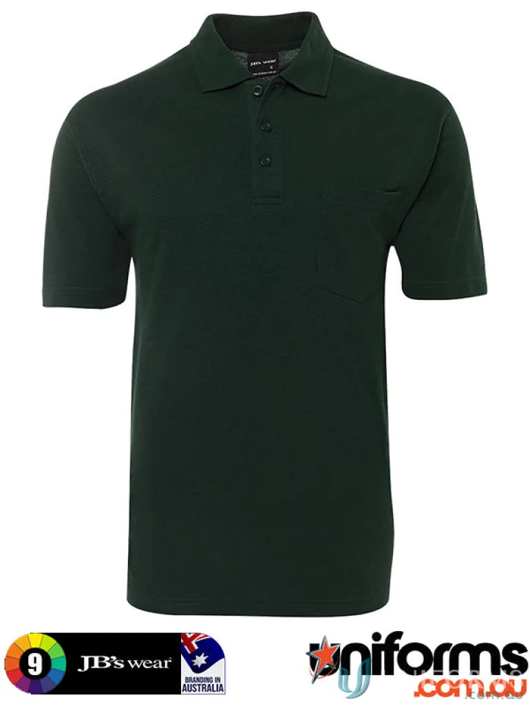 Dark green pocket polo shirt JBs 210 with knitted collar and open cuffs
