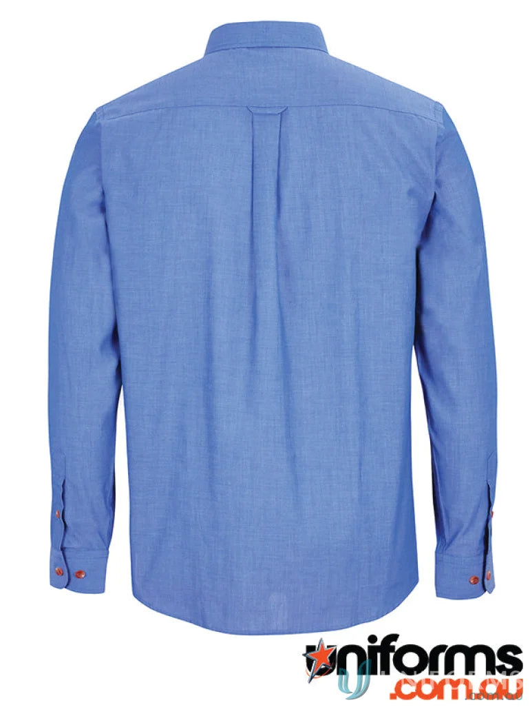 Blue long-sleeve button-down shirt made from indigo fabric blend for a stylish look