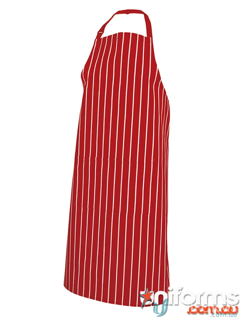 Red and white striped apron from JBs Bib workwear with pocket, perfect for uniforms