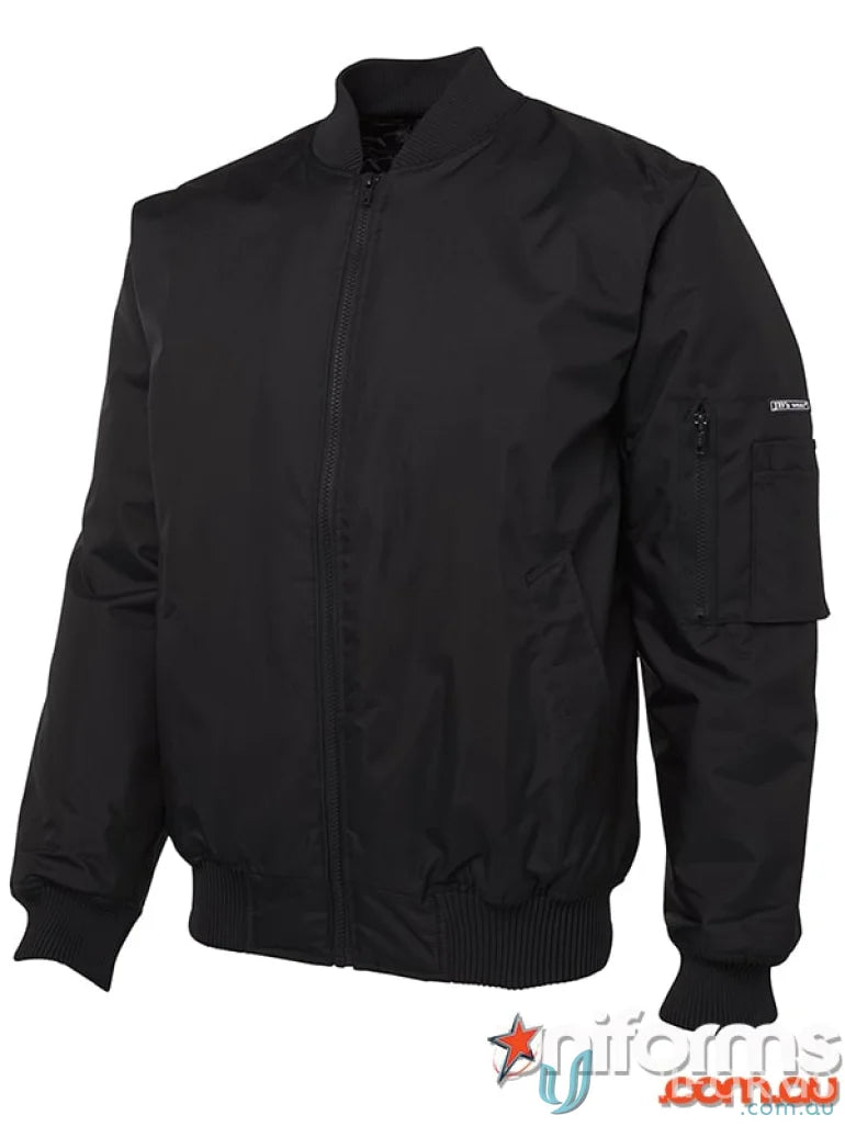 Black bomber jacket from JBs Flying Jacket, perfect for casual work uniforms or workwear
