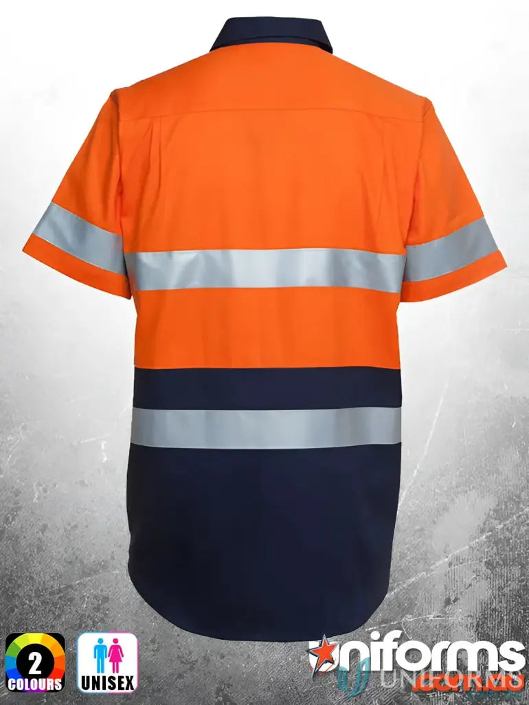Orange and navy blue safety shirt with reflective tape for work uniforms and safety standards
