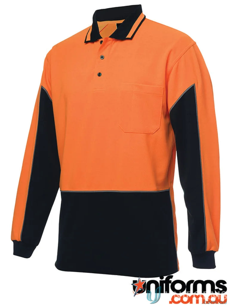 Orange and black long-sleeved polo shirt fabric perfect for uniforms and workwear