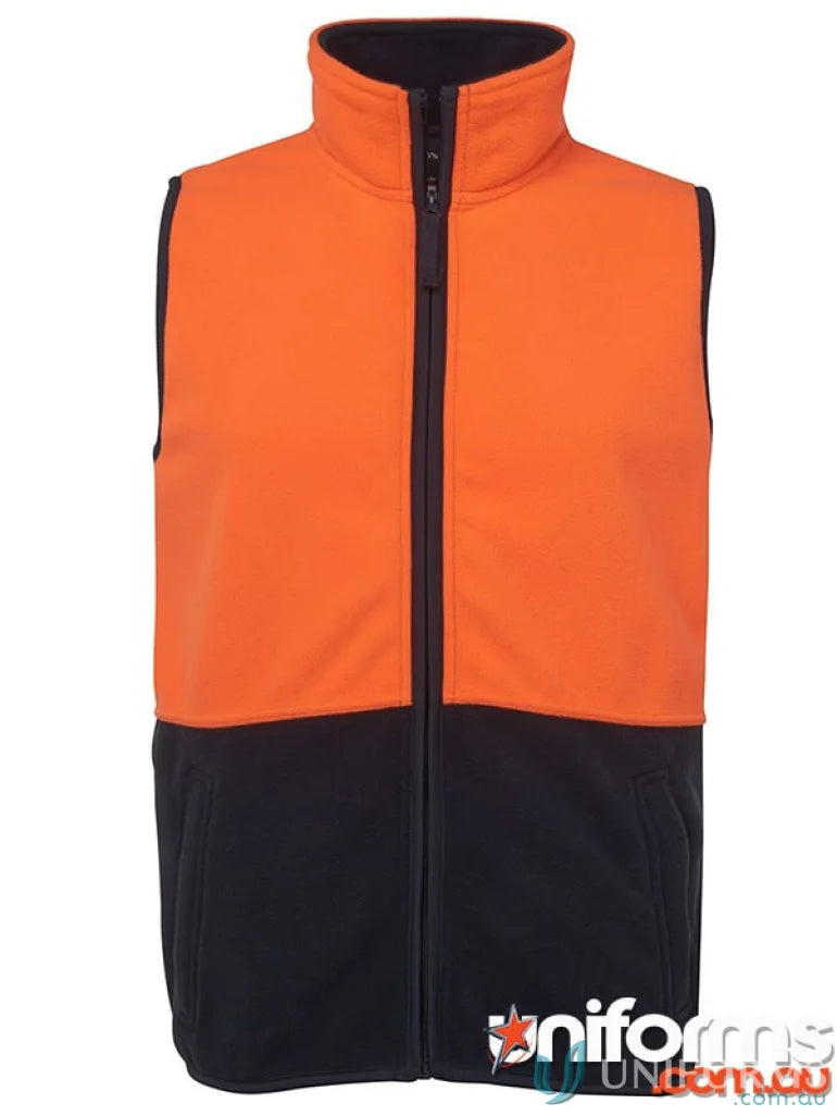 Orange and black fleece vest from JBs Hi Vis Polar Vest, perfect for work uniforms or workwear