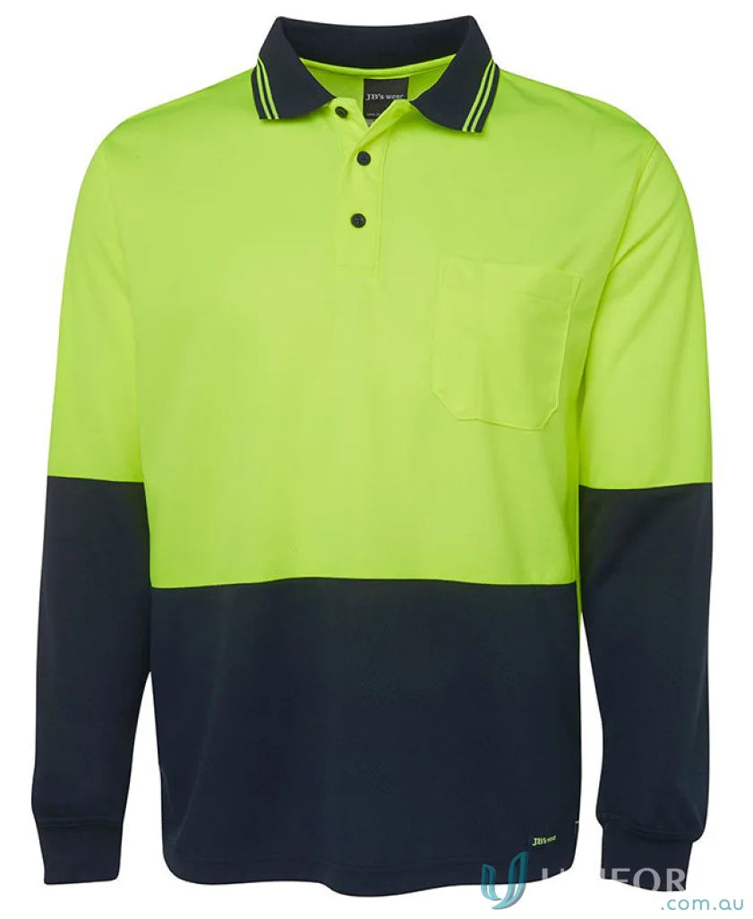 Long-sleeved lime navy or orange navy hi-vis polo shirt for uniforms - JBΒs HiVis LS