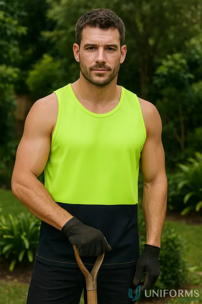 Man in neon yellow black work uniform holding shovel Australian safety standards