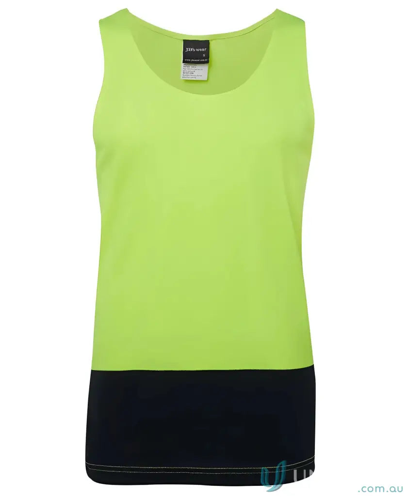 Lime green and black JBs HiVis Singlet work uniform for Australian safety standards