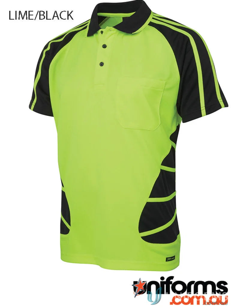 Lime and black fabric polo shirt from JBs HiVis Spider Polo, ideal for uniforms or workwear