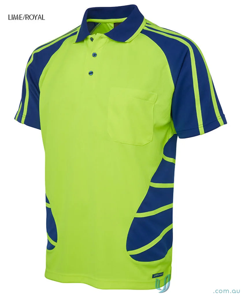 Lime and royal blue JBΒs HiVis Spider Polo shirt made with durable fabric for workwear