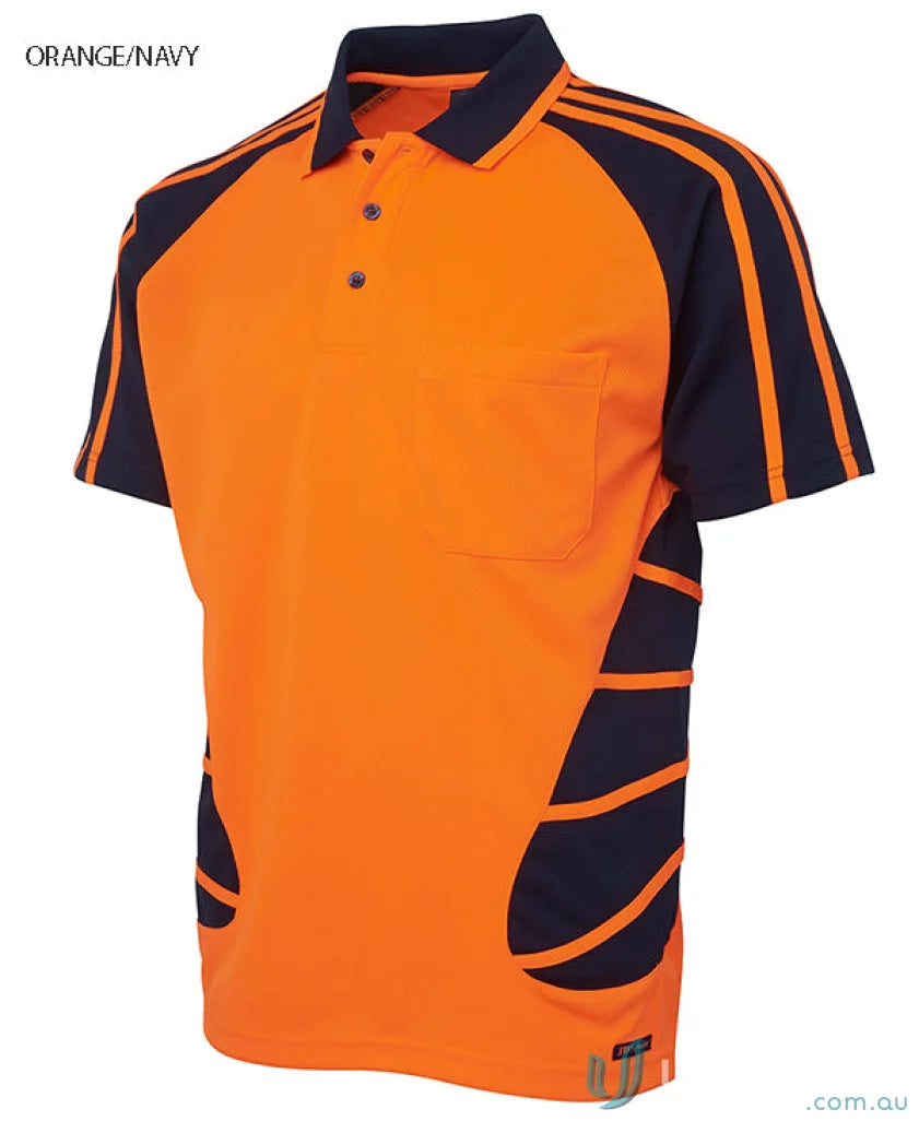 Orange and navy JBΒs HiVis Spider Polo shirt made from durable fabric for workwear and uniforms