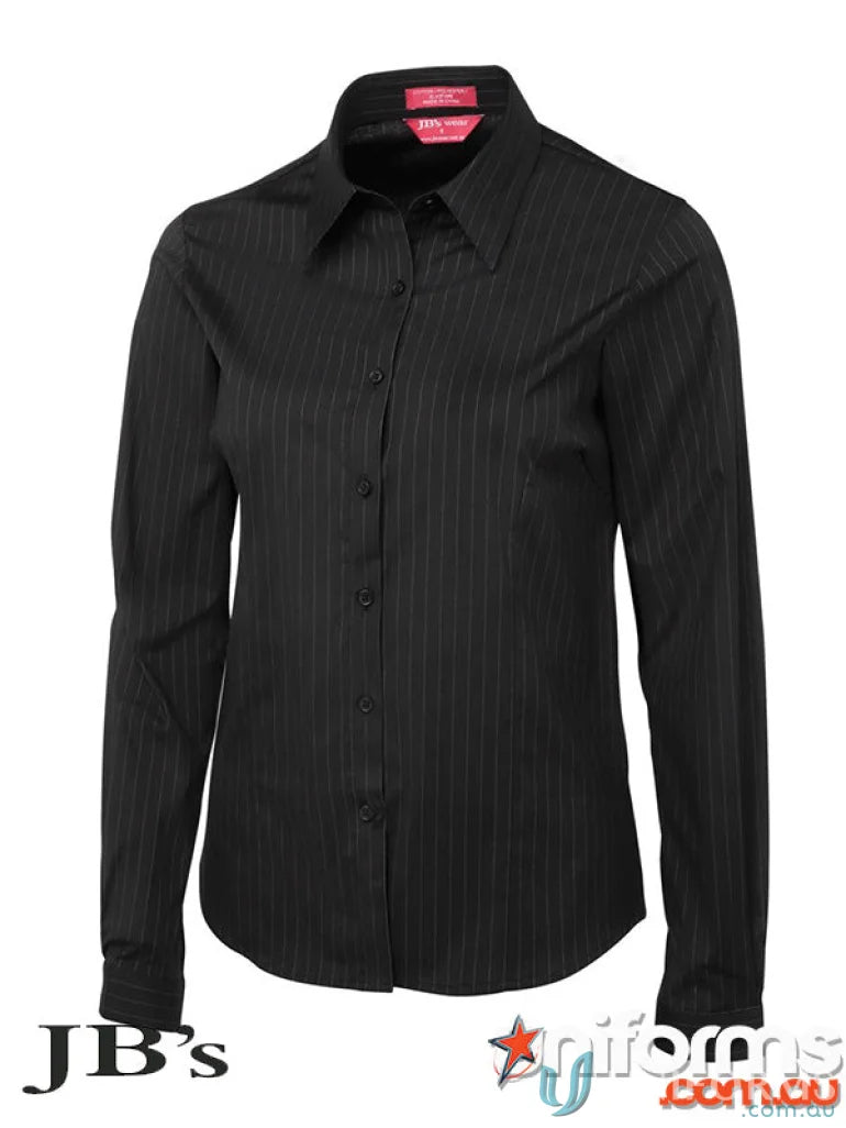 Black long-sleeved button-down shirt from JBs Ladies Urban LS Shirt, perfect for work uniforms and workwear