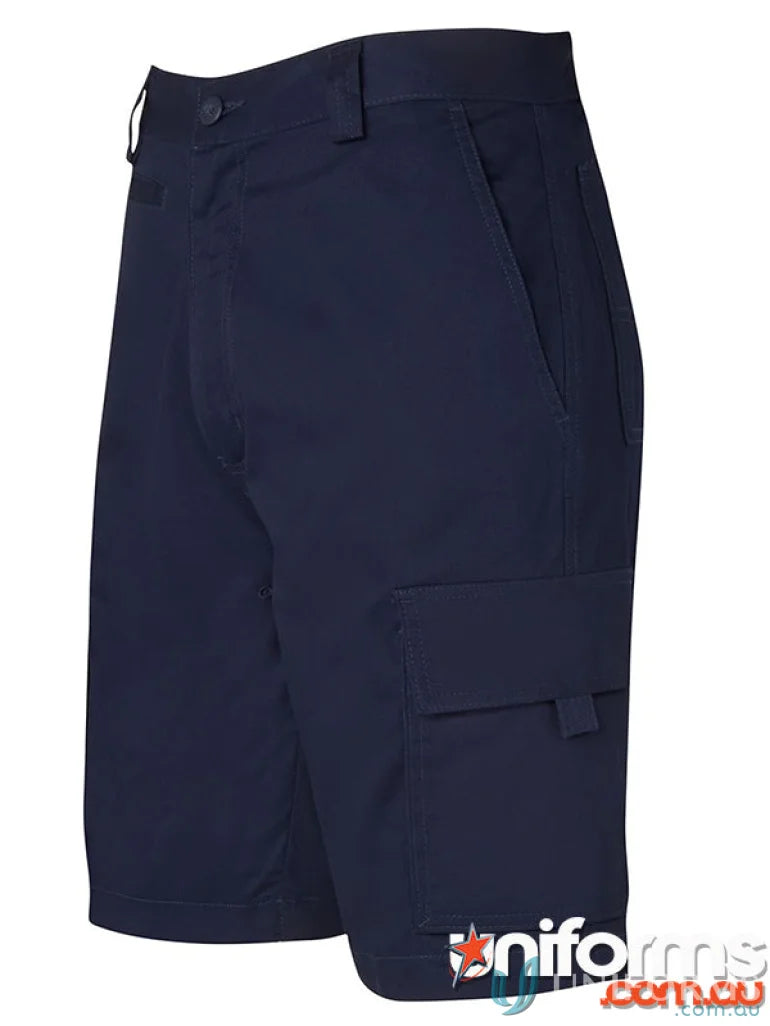 Navy blue cargo shorts with YKK zipper and extra strength tech for durability