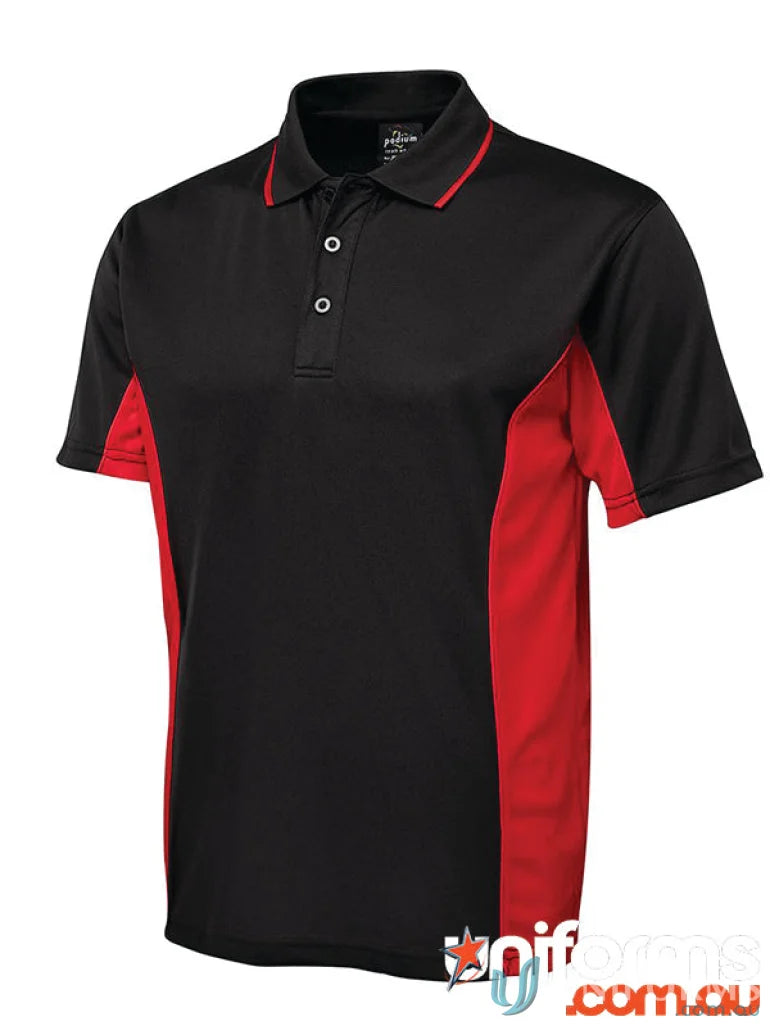 JBΒs Podium Contrast Polo showing black and red colors with Podium Cool moisture-wicking fabric