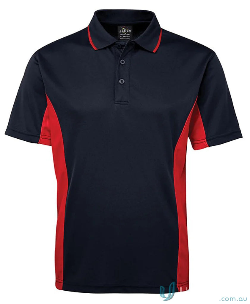 JBs Podium Contrast Polo in navy and red with Podium CoolΒ moisture-wicking and superior sun protection