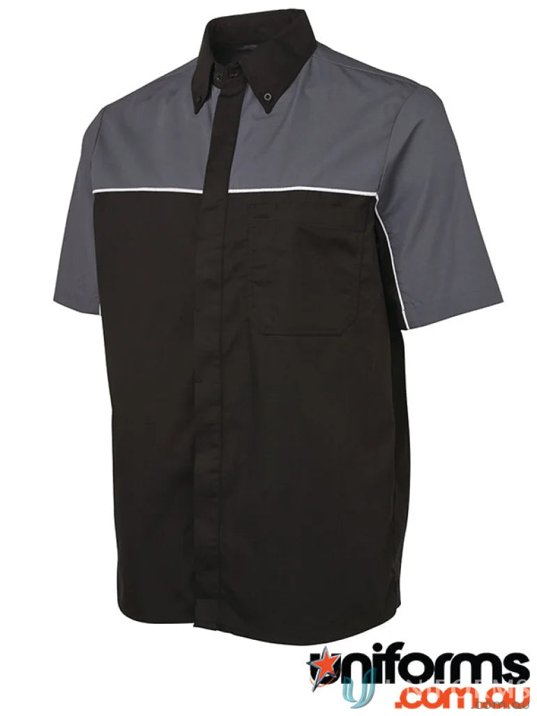 JBs Podium Moto Shirt offers a black and grey short-sleeved work shirt with white stripe