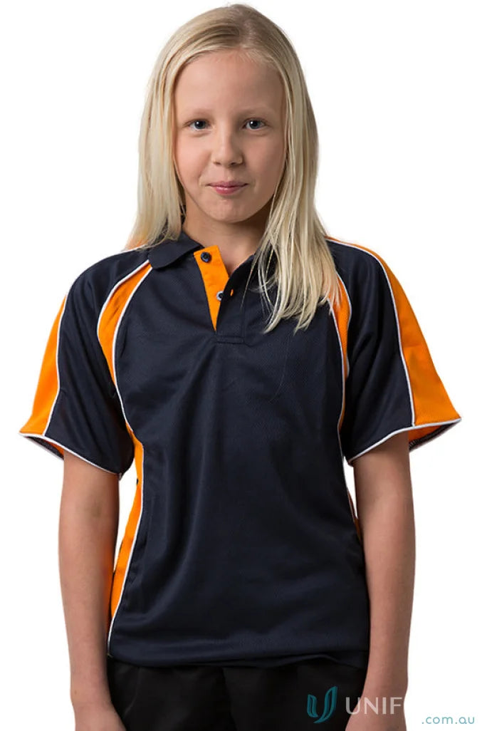 Kids Rozella Polo shirt with navy and orange color featuring cooldry moisture tech for kids