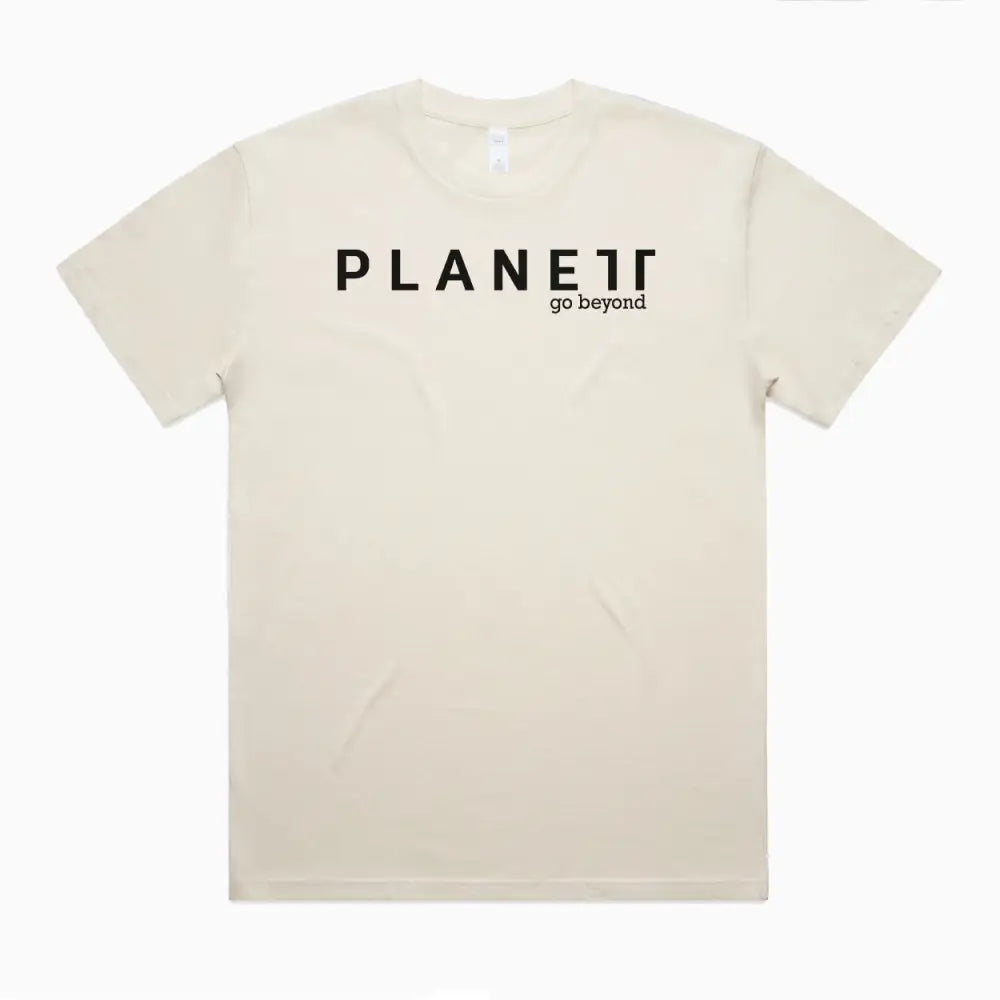 Kik oversize tee in beige with black planet go beyond print, double needle hems