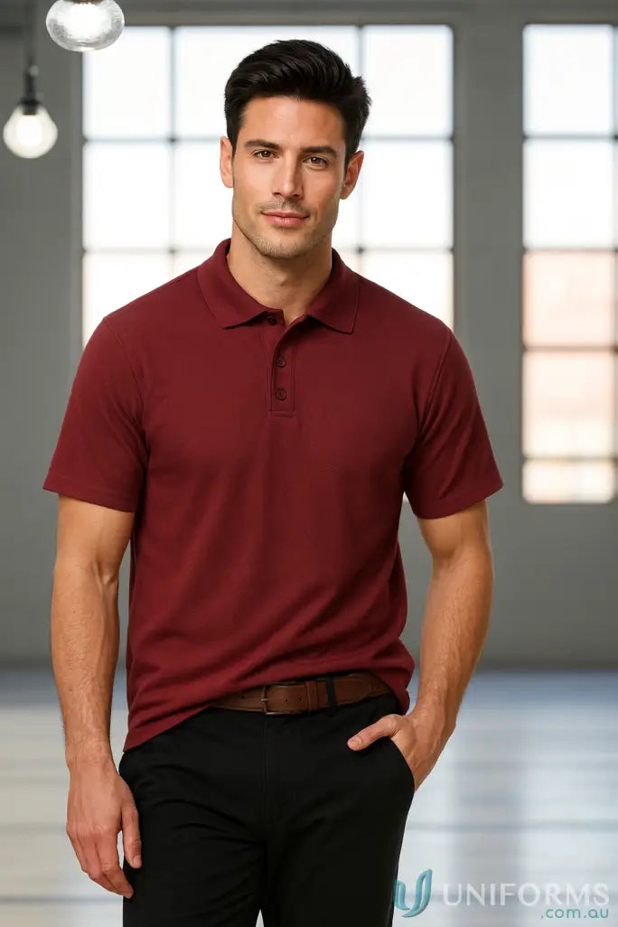Mens maroon Krue Polo with short sleeve, durable top-stitched armholes, twin needle sleeve
