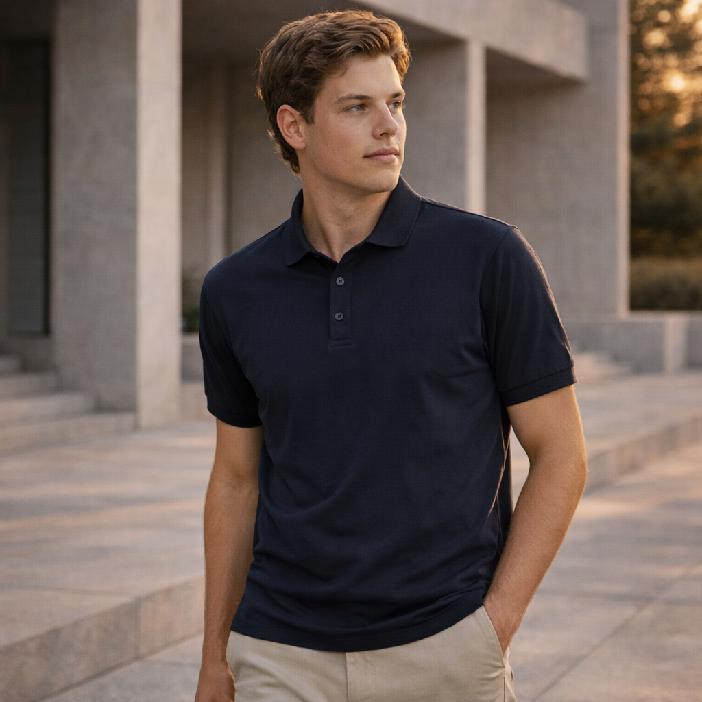 Krue Polo navy blue short sleeve polo with durable top-stitched armholes
