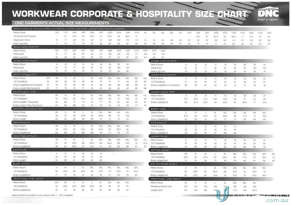 Workwear size chart for L/W CTN Biomotion Taped Pants, ideal for biomotion taped work