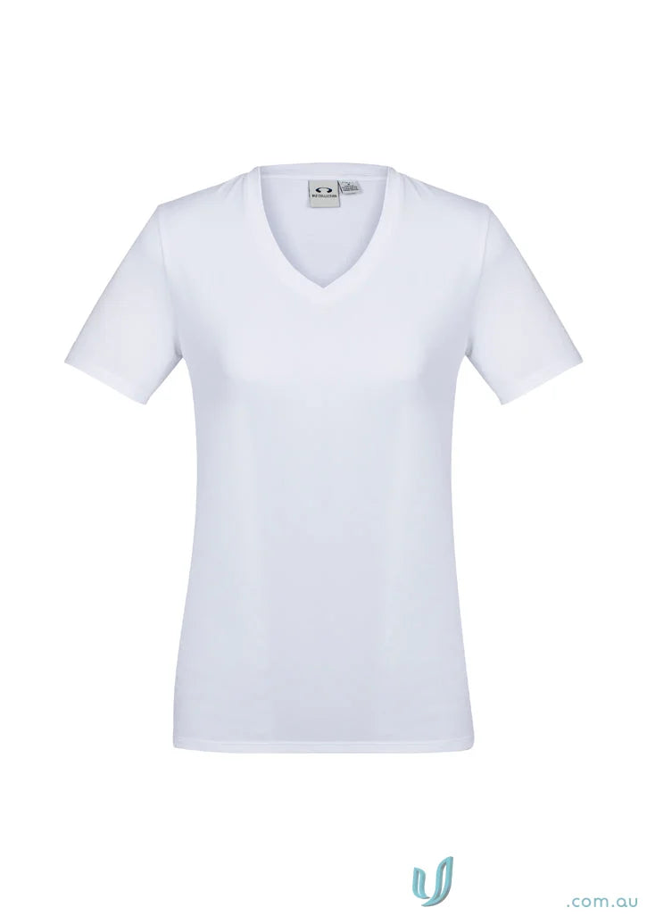 White V-neck t-shirt from Ladies Aero Tee perfect for Biz Collection Ladies quality work uniforms