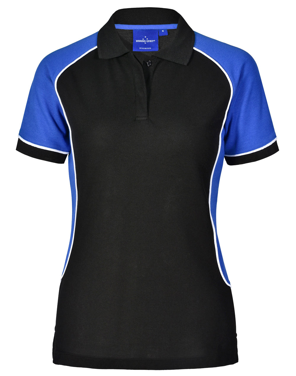 Ladies Arena Polo in black royal blue with white trim on Truedry pique fabric