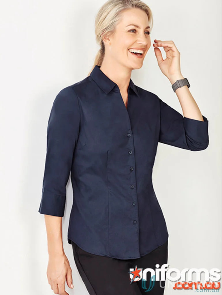 Womens Monaco shirt navy blue three-quarter sleeve blouse with french cuffs and tailored fit