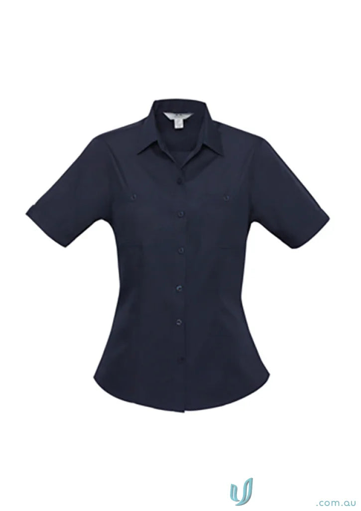 Navy blue womens Bondi short sleeve button-down shirt from Biz Collection Ladies