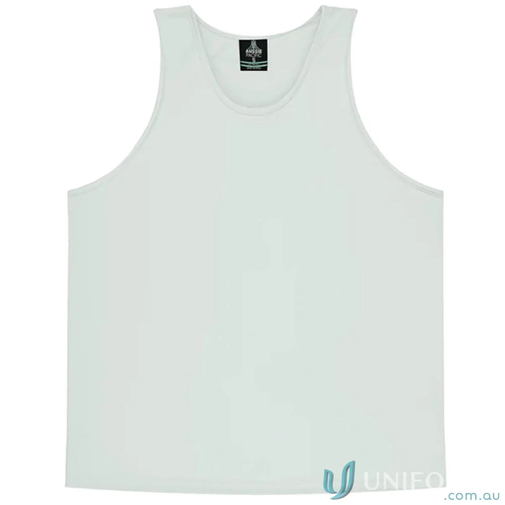 White tank top from Ladies Botany Singlet made with comfy fabric and a scoop neck style