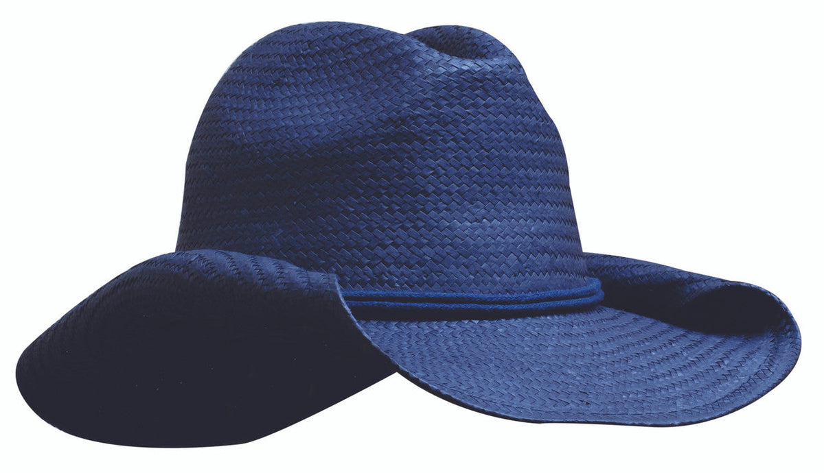 Ladies Cowboy Straw navy woven hat with wide brim, 58cm stock imprint band