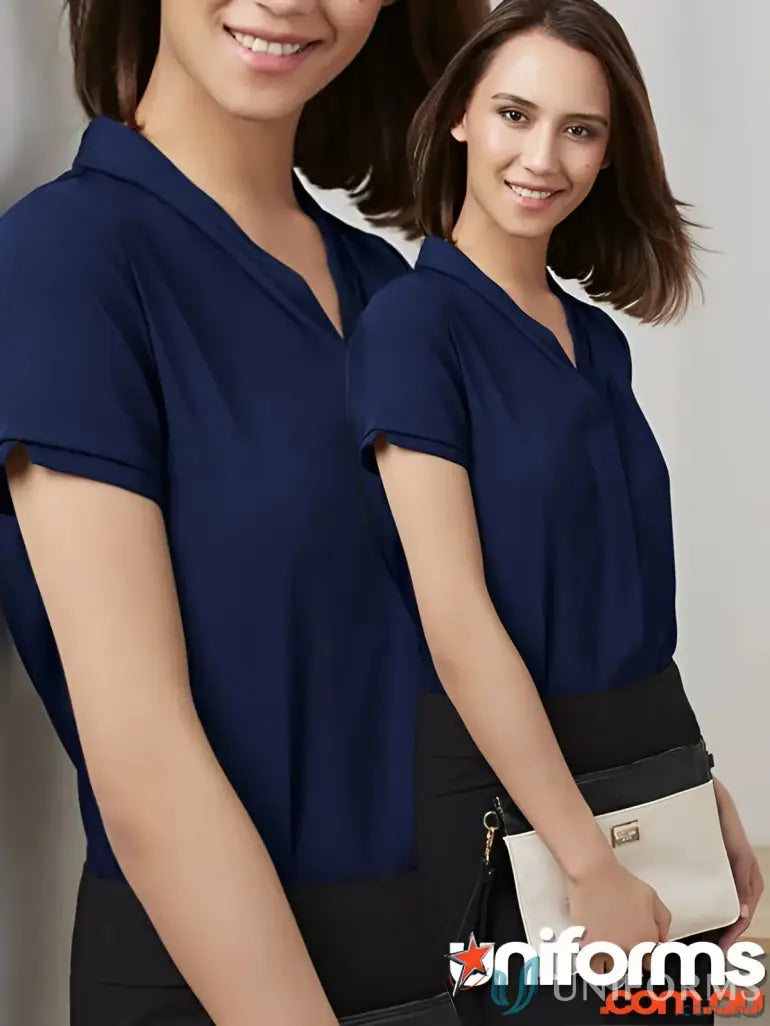 Navy blue short-sleeved EMB SS Blouse perfect for Ladies medical and work uniforms