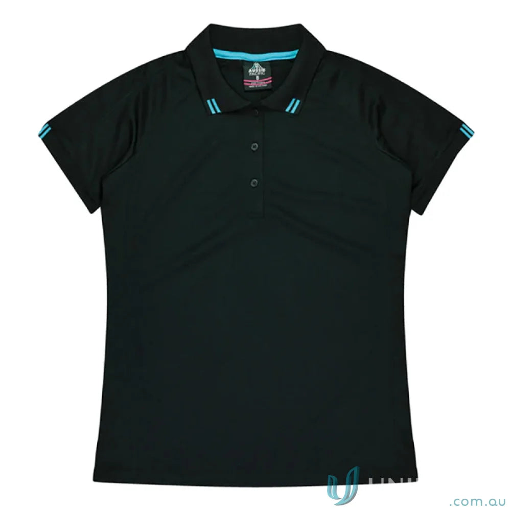 Ladies Flinders Polo black workwear with turquoise accents perfect for uniforms