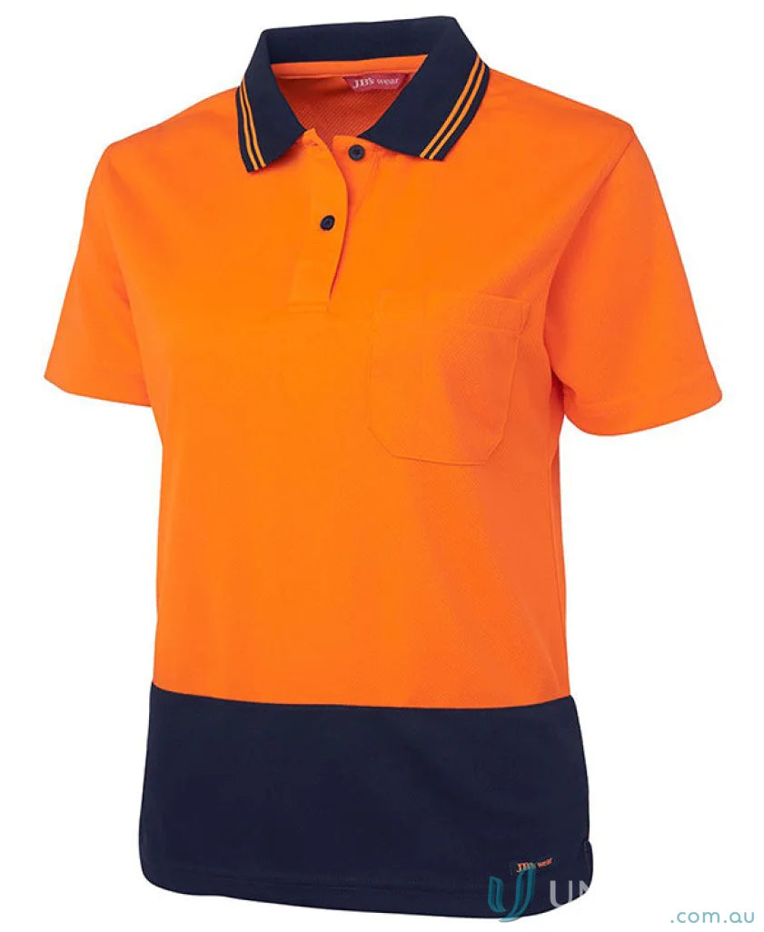 Orange and navy blue Ladies HiVis SS Comfort Polo shirt made from breathable fabric for workwear uniforms
