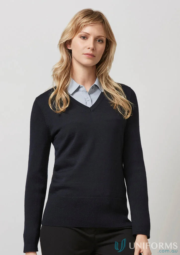 Womans navy V-neck sweater from Ladies Milano Knit Jumper collection in merino wool