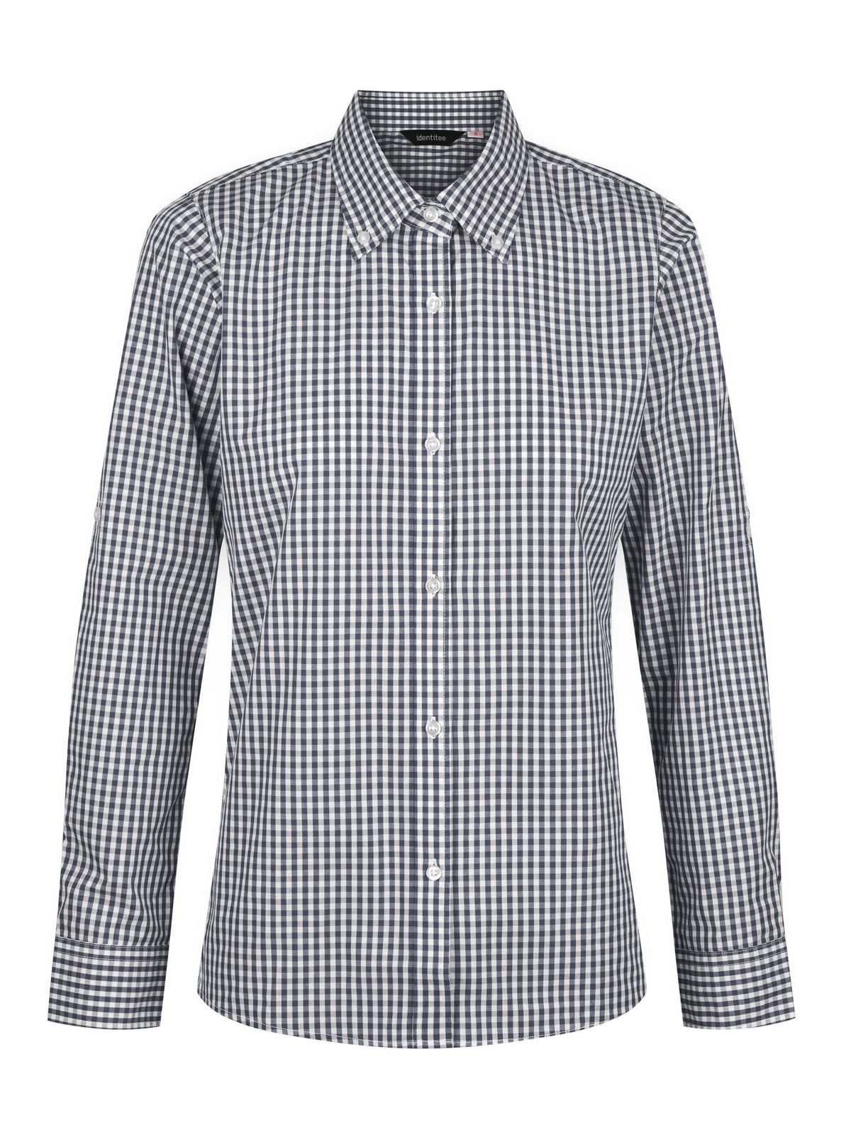 Ladies Miller Gingham Check LS Shirt in navy and white cotton, perfect for workwear or uniforms