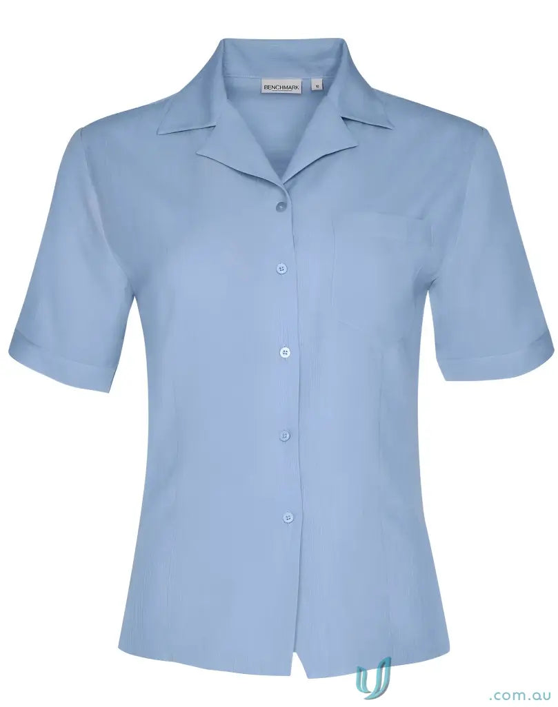 Light blue womens cooldry short sleeve spirit ladies overblouse with notched collar and buttons